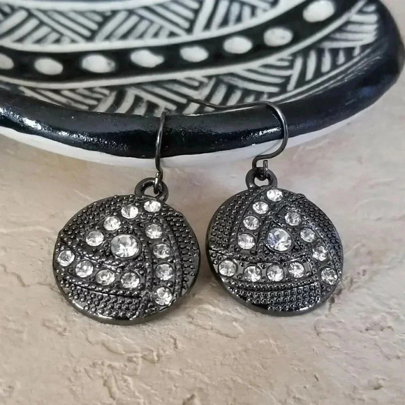 Avant Garde Gunmetal Grey Black Austrian Crystal Circle Triangle Dangle Earrings - Picture 1 of 6